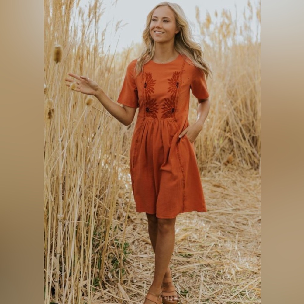 Roolee Orange Floral Embroidered Short Sleeve Knee Length Sundress